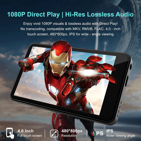 All In One Portable MP3 Player With Bluetooth And Wi Fi 144GB Music Player, 4-inch screen displaying superhero image