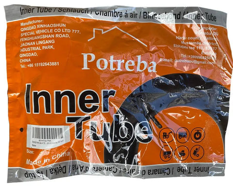 Packaging of a heavy duty inner tube with TR87 angled valve for 10-inch pneumatic tires, thick butyl rubber, made in China.