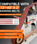 Built Like A Tank 2x72 Inch Belt Grinder Sander With Smooth 1500W Motor For Quick Vertical Or Horizontal Sanding And Serious Commercial Metal Fabrication Jobs showing 72-82 inch sanding belts with various grits.
