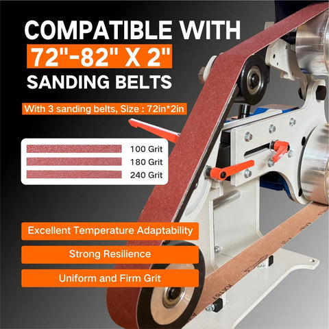 Built Like A Tank 2x72 Inch Belt Grinder Sander With Smooth 1500W Motor For Quick Vertical Or Horizontal Sanding And Serious Commercial Metal Fabrication Jobs showing 72-82 inch sanding belts with various grits.