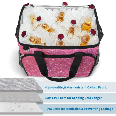 Sparkling Pink Glitter Insulated Picnic Backpack Tote Bag 30L filled with ice and beverages with visible insulation layers