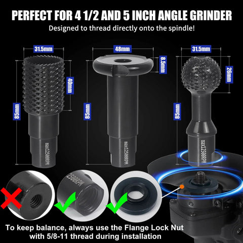 Front view of three 5/8-11 ball gouge burrs for 4.5–5 in angle grinders; carbide steel wood carving bits
