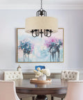 Gwenyth 20 Inch Modern Farmhouse 5 Light Drum Chandelier With Oatmeal Linen Shade Rustic Arched Metal Hanging Fixture In Oil Rubbed Bronze Finish For A Warm Cozy Dining Room Vibe over round table