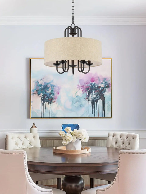 Gwenyth 20 Inch Modern Farmhouse 5 Light Drum Chandelier With Oatmeal Linen Shade Rustic Arched Metal Hanging Fixture In Oil Rubbed Bronze Finish For A Warm Cozy Dining Room Vibe over round table