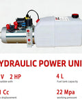 Double Acting 12V DC Hydraulic Pump With 4 Quart Plastic Reservoir, 3200 PSI Power Unit, 2.0 GPM Flow, SAE6 Connector, side view