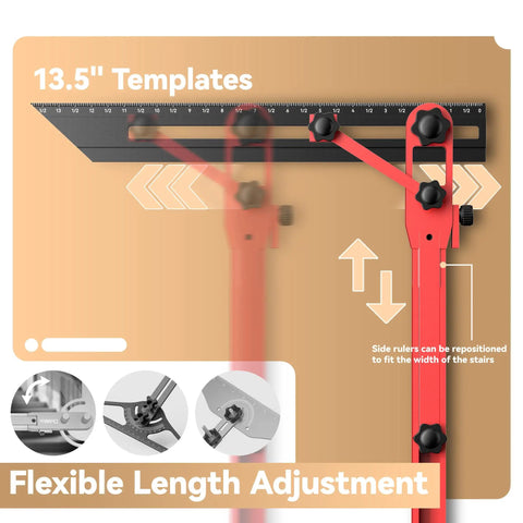 Slick Adjustable Master Woodworking Stair Tread Jig And Heavy Duty Template System With Upgraded Locking Mechanism For Zero Sweat Setup And Straight Shot Accuracy featuring 13.5" adjustable aluminum templates.