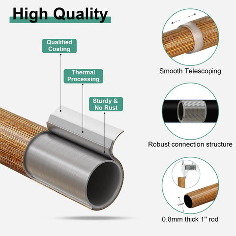 Diagram of Imitation Wood Grain Ball Curtain Rod Set with Brackets Built Tough 1 Inch Adjustable Drapery Rods for Windows