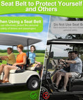 Golf cart with passengers using and not using seat belts, highlighting safety benefits.