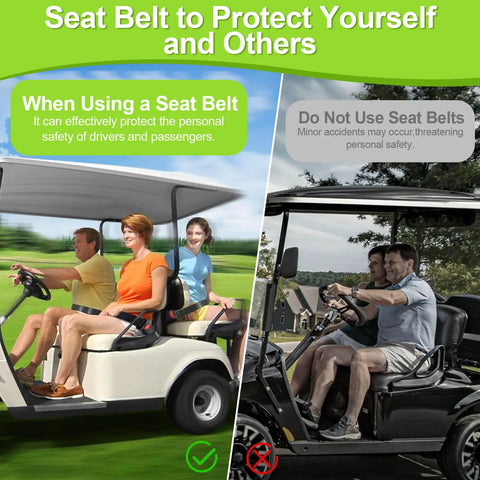 Golf cart with passengers using and not using seat belts, highlighting safety benefits.