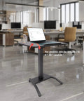 Height Adjustable Standing Desk Podium With No Sweat Foot Pedal And Smooth Roll Casters For Teachers Ergonomic Mobile Lecture Stand with an adjustable desktop.