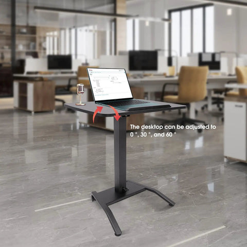 Height Adjustable Standing Desk Podium With No Sweat Foot Pedal And Smooth Roll Casters For Teachers Ergonomic Mobile Lecture Stand with an adjustable desktop.