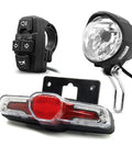 Plug In Ebike Light Kit with front headlight and built-in horn, rear taillight, DK336 switch, and wiring, easy install