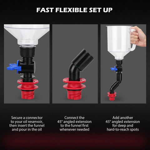 18-Piece Engine Oil Funnel Kit With 12 Color-Coded Adapters showing funnel and elbow fitting setup