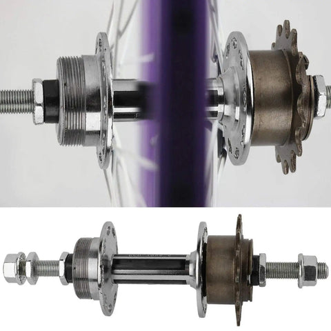 Universal 36 Hole Rear Bike Hub With Solid Axle And 14T shown from side and top views highlighting metal disc and alignment features.