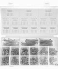 CREEYA 225-piece compression spring assortment kit in clear plastic storage box; 15 sizes, 0.6–1.0 mm wire, 8–9.5 mm OD, 10–50 mm length.