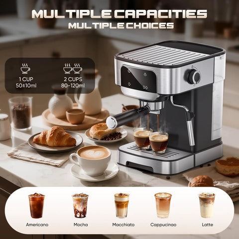 Effortless Home Barista Kit Compact Espresso Machine With 20 Bar Pump And Quick Milk Frother LED Touch Control, brewing two cups.