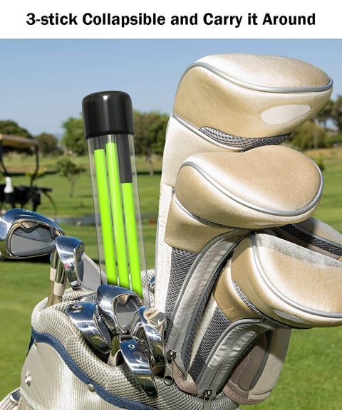 Golf Alignment Sticks 2 Pack, 48 Inch Swing Trainer in golf bag with clubs on grass