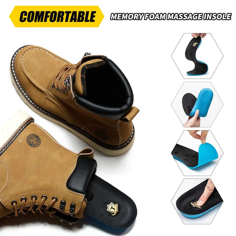 Mens Steel Toe Work Boots Waterproof Moc Toe Safety Boots Non Slip Construction Boots Indestructible Western Style Wheat US 10.5 Size shown with memory foam insole