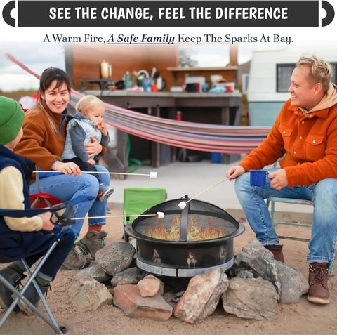 Family enjoying marshmallows over fire pit with Round Fire Pit Spark Screen Compatible With Bonfire Size Pits Carbon Steel Mesh Cover.