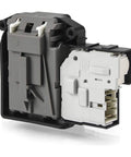 Washer door lock switch assembly, gray housing with white connector (front view)