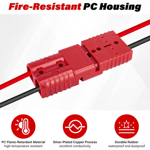 4 Pack 50 Amp Battery Quick Connect Disconnect Plug Kit For Anderson Style Connectors Plug And Play Easy Install Fits 6 To 12 Gauge Wire 12V To 36V Power Systems Great For Cars Motorcycles ATVs Winches Lifts And Motors Red fire-resistant housing