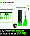 Sharpro packaging with safety instructions and green protective cap for cutting tool, emphasizing safety and professionalism.