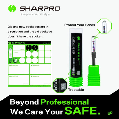 Sharpro packaging with safety instructions and green protective cap for cutting tool, emphasizing safety and professionalism.