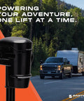 Heavy Duty Electric Tongue Jack With Weather Shell Cover For A Frame Rv And Camper 3500 Lb Load Rating 12 Volt Motor, close-up view.