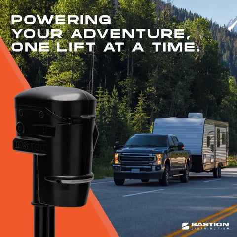 Heavy Duty Electric Tongue Jack With Weather Shell Cover For A Frame Rv And Camper 3500 Lb Load Rating 12 Volt Motor, close-up view.