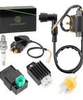 High Performance Ignition Coil Kit With 5 Pin AC CDI Box Voltage Regulator Rectifier Solenoid Relay And Spark Plug For 49cc To 110cc ATVs Go Karts Dirt Bikes Quads And Scooters, includes coil, CDI, and spark plug