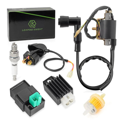 High Performance Ignition Coil Kit With 5 Pin AC CDI Box Voltage Regulator Rectifier Solenoid Relay And Spark Plug For 49cc To 110cc ATVs Go Karts Dirt Bikes Quads And Scooters, includes coil, CDI, and spark plug
