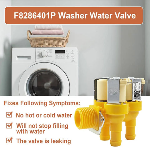 Washer Water Valve Replacement With 3 Solenoid Coils For Speed Queen Huebsch Unimac Models AP4526717 Compatible Rugged Fit And Easy Install F8286401P Part Replacement For Reliable Wash Cycles, yellow metal valve with washer