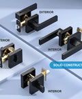 Matte Black Heavy Duty Door Handle Set With Reversible Square Lever for bedroom bathroom and hallways, shown from various angles