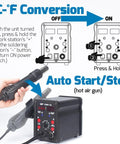 Diagram showing controls of 2 In 1 Hot Air Rework Soldering Station Kit with Desoldering Tool for electronics DIYers.
