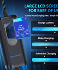 Heavy Duty Portable EV Charger Level 2 with large LCD screen displaying charging information and control options.