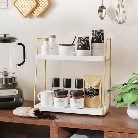 Two Tier Wooden Coffee Bar Organizer For Countertop And Corner Spaces with coffee accessories and mugs on white-gold shelves