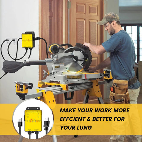 Installed Ortis automatic vacuum switch (yellow control box) on wall with dust collector and 220V tools.