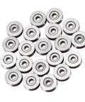 V Groove Bearings Pack Of 20 V623ZZ Guide Pulleys 3x12x4mm Miniature Carbon Steel Bearings arranged in a group