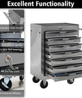 21 Inch Lockable Steel Tool Chest Rolling Garage Cabinet With Smooth As Silk Ball Bearing Slides, Brake Caster Wheels That Park It Straight showing drawers, side handle, and wheels.