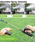 Cordless Garden Sprayer Wand With Telescopic 32 Inch Reach, Three Adjustable Speeds, Battery Indicator, in use on lawn