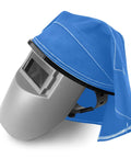 Extended Welding Helmet Cover With Press Fit Seal For Full Protection And No Fuss Easy Snap On, Blue Hood Shield Accessory.
