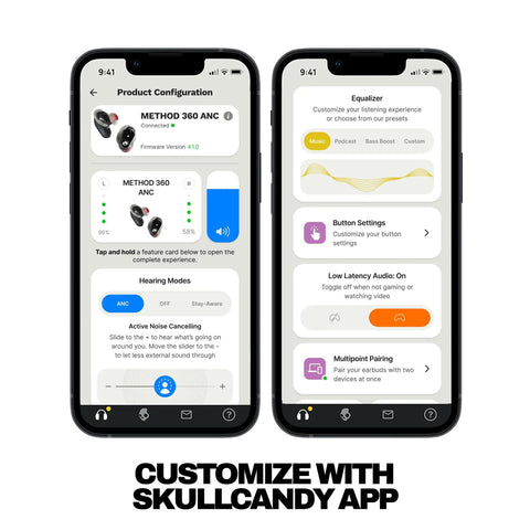 Two smartphone screens displaying Method 360 ANC Wireless Earbuds With Bose Sound settings in Skullcandy app