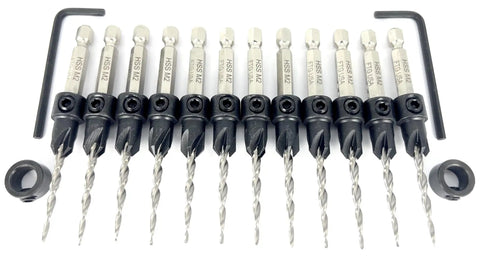 12 Pc Pro Grade Adjustable Wood Countersink Drill Bit Kit With Parabolic Flute And Tapered Bits, 9 64 Inch For Number Six Screws