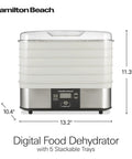 Digital Food Dehydrator With Five Stackable Bpa Free Trays And Adjustable Thermostat front view with dimensions 13.2" x 10.4" x 11.3".