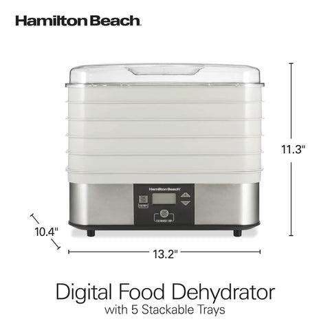 Digital Food Dehydrator With Five Stackable Bpa Free Trays And Adjustable Thermostat front view with dimensions 13.2" x 10.4" x 11.3".