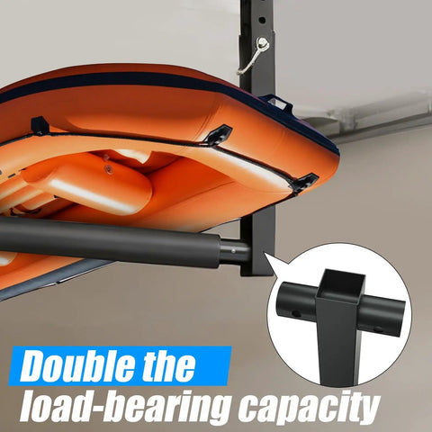 Stainless Steel Ceiling Storage Rack With 10 To 18 Inch Adjustable Height showing overhead support for kayak load.
