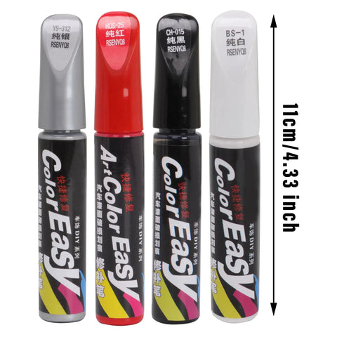 Four color options of Car Scratch Repair Pen With Clear Coat Touch Up Paint And Brush Tip, Waterproof Auto Scratch Remover for Chips and Scratches, Easy DIY Car Body Repair Tool for Seamless Finish and Pro Like Results, 11 cm tall.
