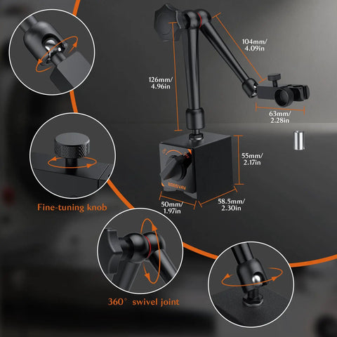 Magnetic Base Dial Indicator Holder With 176 Lbs Pull, featuring 3 adjustable joints and detailed 360° swivel joint illustration