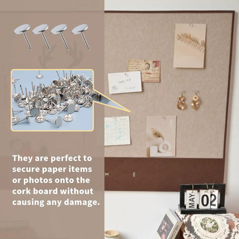 Heavy Duty Flat Head Upholstery Tacks For Furniture Repair And Craft Rooms Packs Two Hundred Silver Iron Thumb Pins secured on cork board.