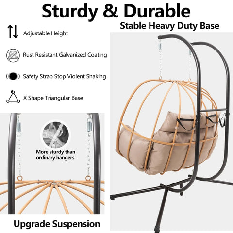 Double Egg Chair Outdoor With Stand For Two People Cushions And Headrest 80 Inch Hanging Swing Chair Basket In Brown For Patio Deck Garden Indoor Weatherproof Powder Coated Frame with sturdy base and adjustable height.